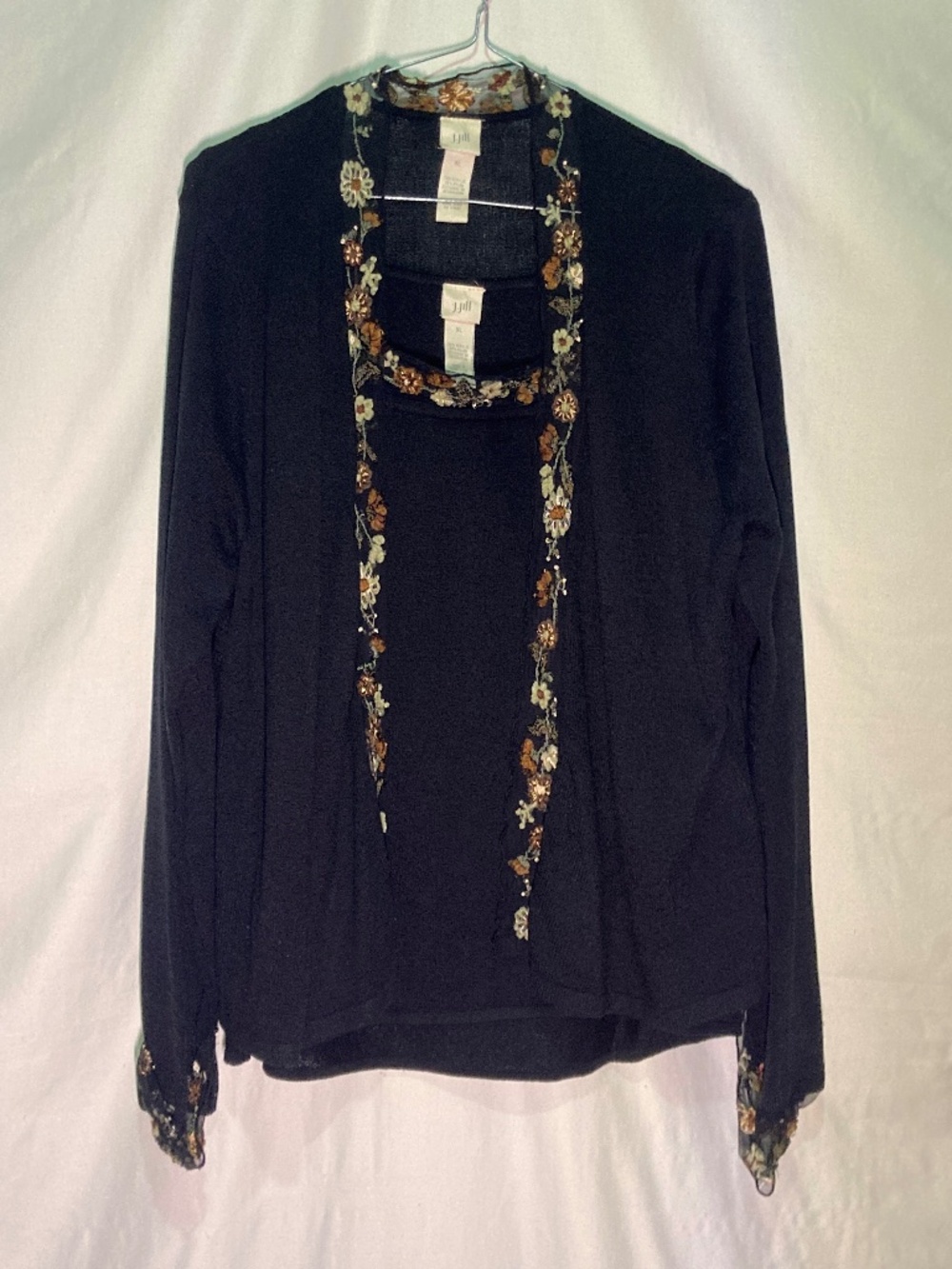 Embroidered Cardigan and Cami Set - black/brown/cream - J. Jill - XL